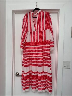 Red & White Patterned Maxi Dress with V-Neck